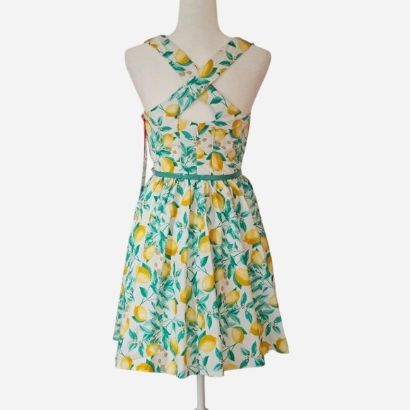 ELLE Women's Lemon and Leaf Print Fit And Flare Mini Dress With Belt. Size 2 - Picture 2 of 9